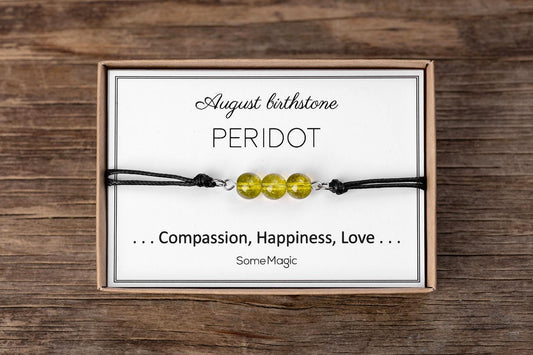 August Birthstone Bracelet - Adjustable Cord Bracelet with Peridot Gemstone, Natural Crystal Gift for Love, Happiness and Compassion, BGM