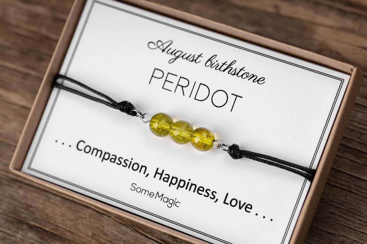 August Birthstone Bracelet - Adjustable Cord Bracelet with Peridot Gemstone, Natural Crystal Gift for Love, Happiness and Compassion, BGM