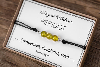 August Birthstone Bracelet - Adjustable Cord Bracelet with Peridot Gemstone, Natural Crystal Gift for Love, Happiness and Compassion, BGM