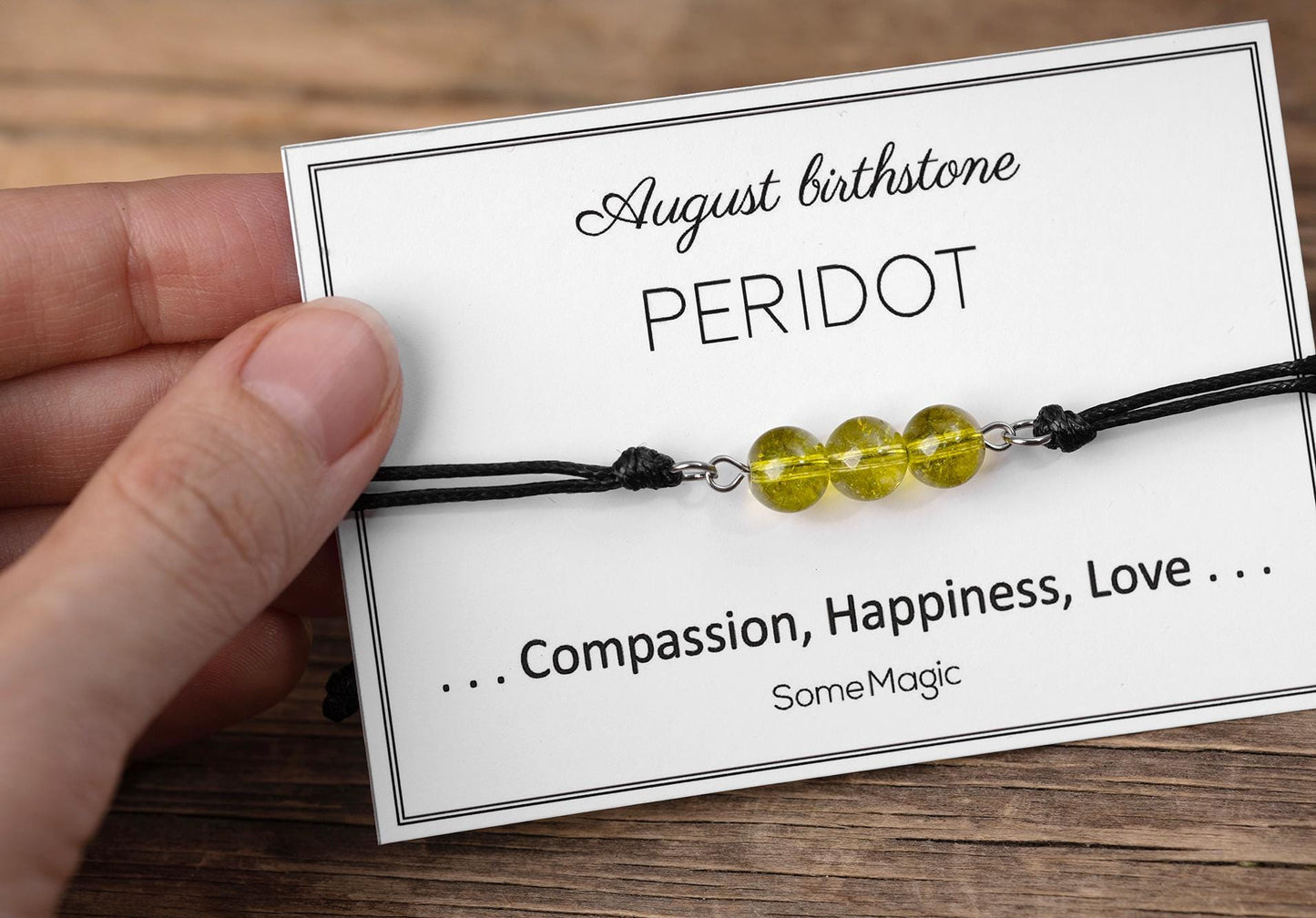 August Birthstone Bracelet - Adjustable Cord Bracelet with Peridot Gemstone, Natural Crystal Gift for Love, Happiness and Compassion, BGM