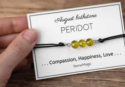 August Birthstone Bracelet - Adjustable Cord Bracelet with Peridot Gemstone, Natural Crystal Gift for Love, Happiness and Compassion, BGM