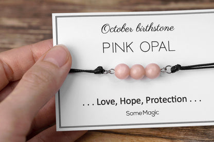 October Birthstone Bracelet - Adjustable Cord Gemstone Bracelet with Pink Opal, Natural Crystal Gift for Love, Hope, and Protection, BGM