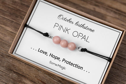 October Birthstone Bracelet - Adjustable Cord Gemstone Bracelet with Pink Opal, Natural Crystal Gift for Love, Hope, and Protection, BGM
