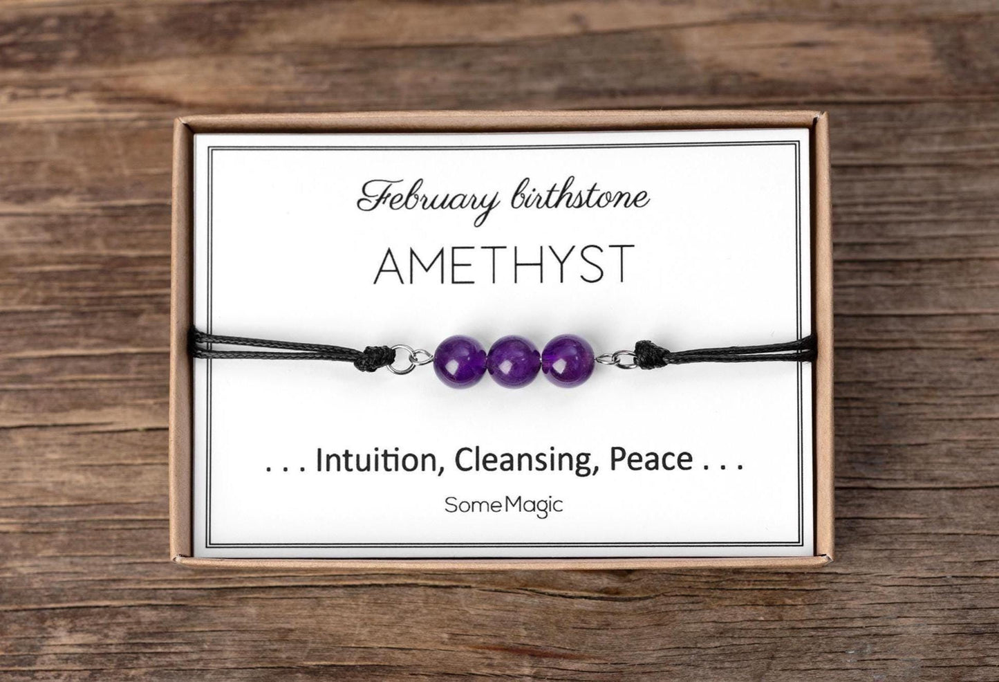 February Birthstone Bracelet - Adjustable Cord Bracelet with Amethyst, Natural Crystal Gift for Intuition, Peace, and Spiritual Clarity, BGM