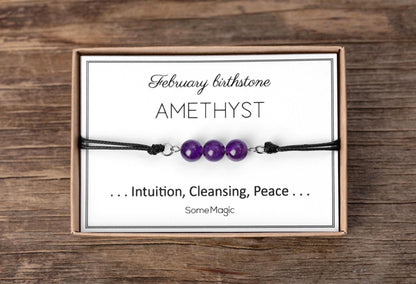 February Birthstone Bracelet - Adjustable Cord Bracelet with Amethyst, Natural Crystal Gift for Intuition, Peace, and Spiritual Clarity, BGM