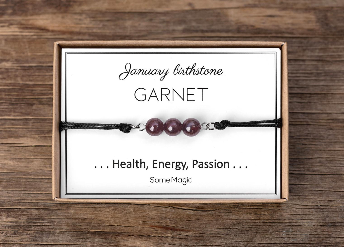January Birthstone Bracelet with Natural Garnet Crystal, Adjustable Cord Bracelet, Gemstone Jewelry, Birthday Gift with Meaning Card, BGM