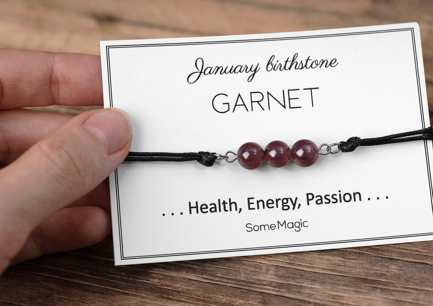 January Birthstone Bracelet with Natural Garnet Crystal, Adjustable Cord Bracelet, Gemstone Jewelry, Birthday Gift with Meaning Card, BGM