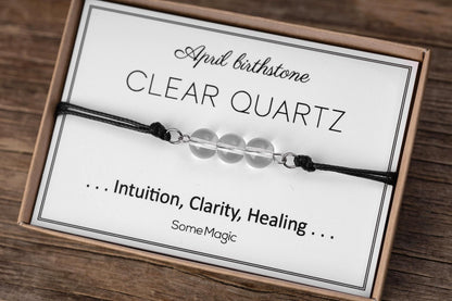 April Birthstone Bracelet with Natural Clear Quartz Crystal, Adjustable Cord Bracelet, Gemstone Jewelry, Birthday Gift with Meaning Card BGM
