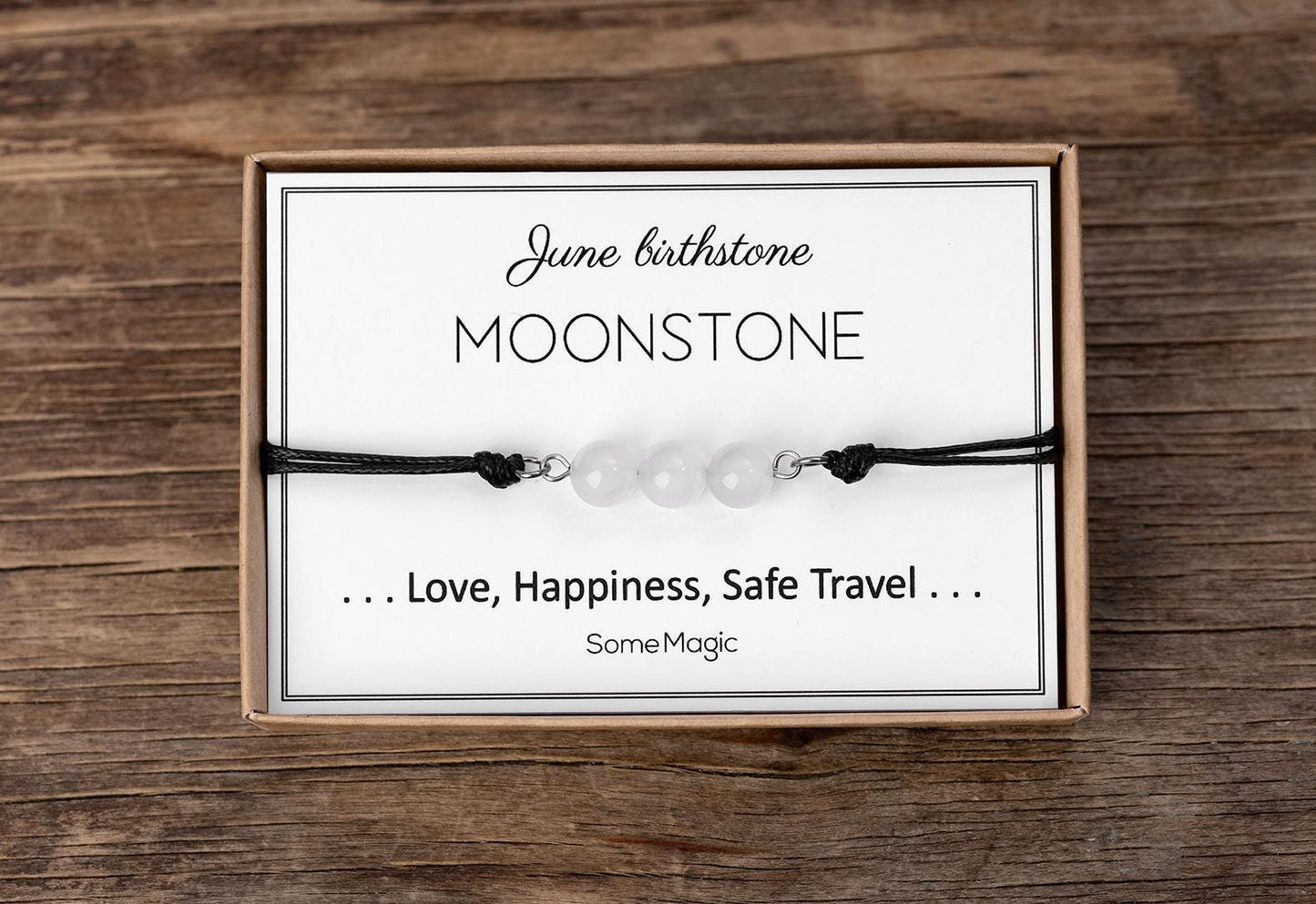 June Birthstone Bracelet with Natural Moonstone Crystal, Adjustable Cord Bracelet, Gemstone Jewelry, Birthday Gift with Meaning Card, BGM