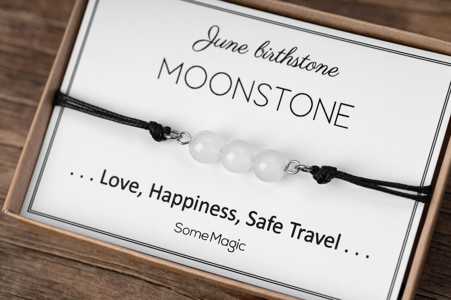 June Birthstone Bracelet with Natural Moonstone Crystal, Adjustable Cord Bracelet, Gemstone Jewelry, Birthday Gift with Meaning Card, BGM