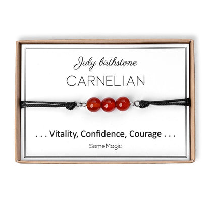 July Birthstone Bracelet with Natural Carnelian Crystal, Adjustable Cord Bracelet, Gemstone Jewelry, Birthday Gift with Meaning Card, BGM