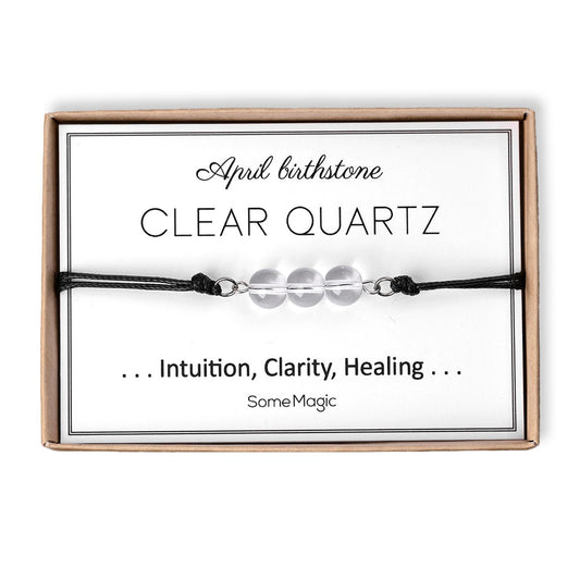 April Birthstone Bracelet with Natural Clear Quartz Crystal, Adjustable Cord Bracelet, Gemstone Jewelry, Birthday Gift with Meaning Card BGM