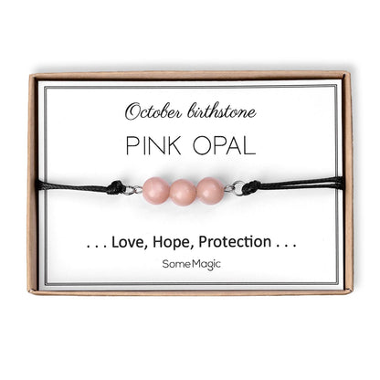October Birthstone Bracelet with Natural Pink Opal Crystal, Adjustable Cord Bracelet, Gemstone Jewelry, Birthday Gift with Meaning Card, BGM