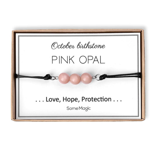 October Birthstone Bracelet with Natural Pink Opal Crystal, Adjustable Cord Bracelet, Gemstone Jewelry, Birthday Gift with Meaning Card, BGM