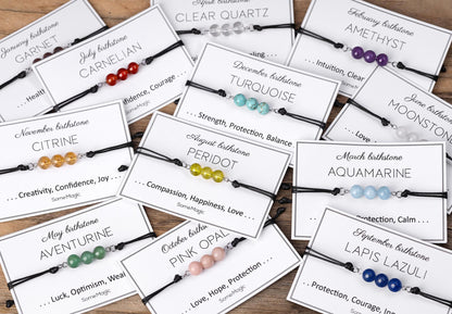 Birthstone Bracelet with Natural Gemstone, Adjustable Cord Bracelet, Real Crystal Jewelry, Birthday Gift with Mineral Meaning Card, BGM