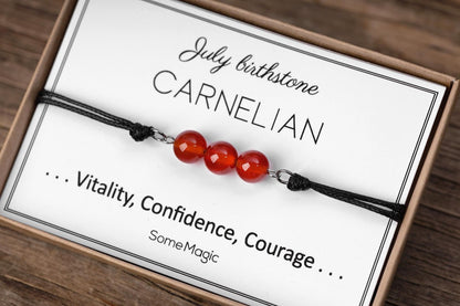July Birthstone Bracelet with Natural Carnelian Crystal, Adjustable Cord Bracelet, Gemstone Jewelry, Birthday Gift with Meaning Card, BGM
