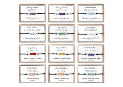 Birthstone Bracelet with Natural Gemstone, Adjustable Cord Bracelet, Real Crystal Jewelry, Birthday Gift with Mineral Meaning Card, BGM