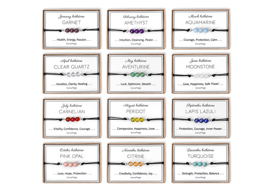 Birthstone Bracelet with Natural Gemstone, Adjustable Cord Bracelet, Real Crystal Jewelry, Birthday Gift with Mineral Meaning Card, BGM