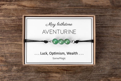 Birthstone Bracelet with Natural Gemstone, Adjustable Cord Bracelet, Real Crystal Jewelry, Birthday Gift with Mineral Meaning Card, BGM