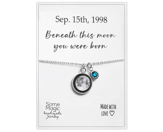Custom Birth Moon Phase Necklace With a Birthstone, Personalized Name or Initial Jewelry, Birthday Gift For Daughter, Pendant For Her, KP.8