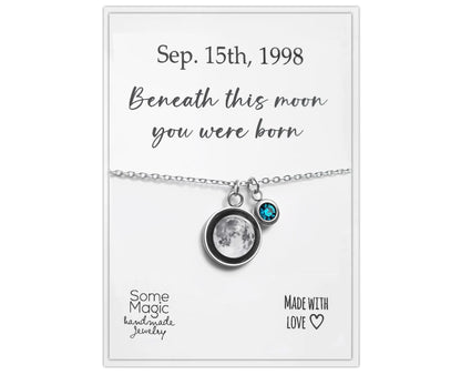 Birthstone & Moon Phase Necklace with Custom Engraved Initial and Date, Personalized Jewelry for Her, Custom Birthday Gift for Women, KP.8