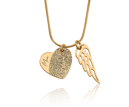 Grief Keepsake Gift for Loss of Loved One, Personalized Sympathy Necklace With Actual Fingerprint and Angel Wing, Memorial Heart Jewelry C.2