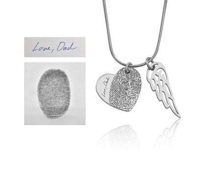 Grief Keepsake Gift for Loss of Loved One, Personalized Sympathy Necklace With Actual Fingerprint and Angel Wing, Memorial Heart Jewelry C.2