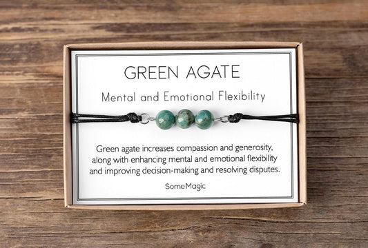 Green Agate Bracelet – Adjustable Cord with Natural Crystals for Mental Flexibility, Emotional Balance, Compassion, Clarity, Inner Peace MGM