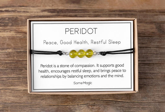 Peridot Bracelet - Adjustable Cord with Natural Crystals for Peace, Good Health, Restful Sleep, Emotional Balance, Compassion Energy, MGM