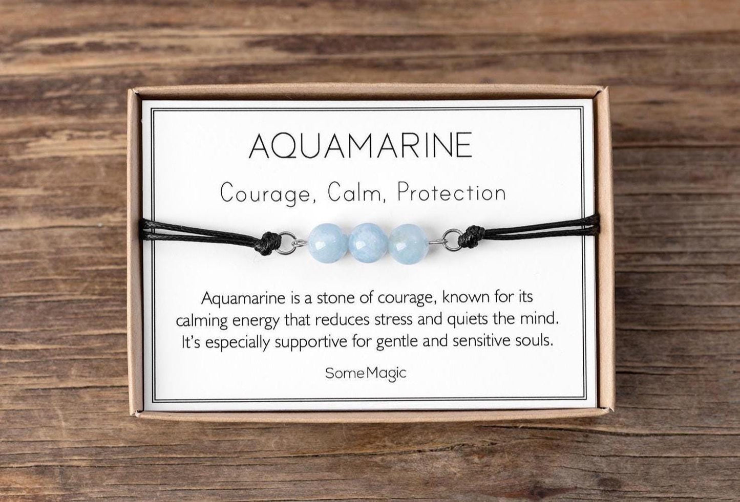 Aquamarine Bracelet - Adjustable Cord with Natural Crystals for Courage, Calm, Emotional Protection, Stress Relief, and Inner Peace, MGM