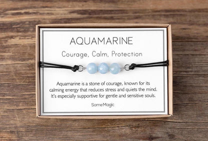 Aquamarine Bracelet - Adjustable Cord with Natural Crystals for Courage, Calm, Emotional Protection, Stress Relief, and Inner Peace, MGM