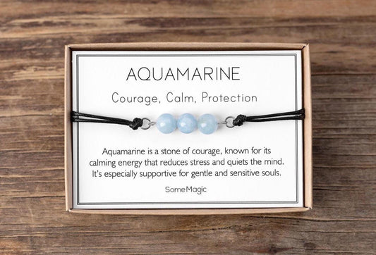 Aquamarine Bracelet - Adjustable Cord with Natural Crystals for Courage, Calm, Emotional Protection, Stress Relief, and Inner Peace, MGM