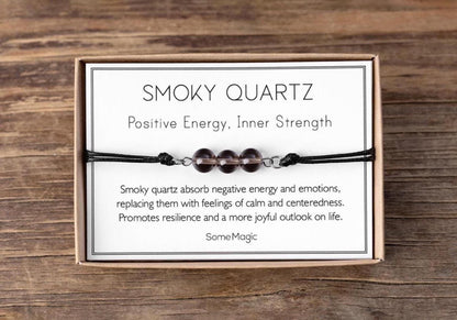 Smoky Quartz Bracelet - Adjustable Cord with Natural Crystals for Positive Energy, Inner Strength, Emotional Healing, Grounding Support, MGM