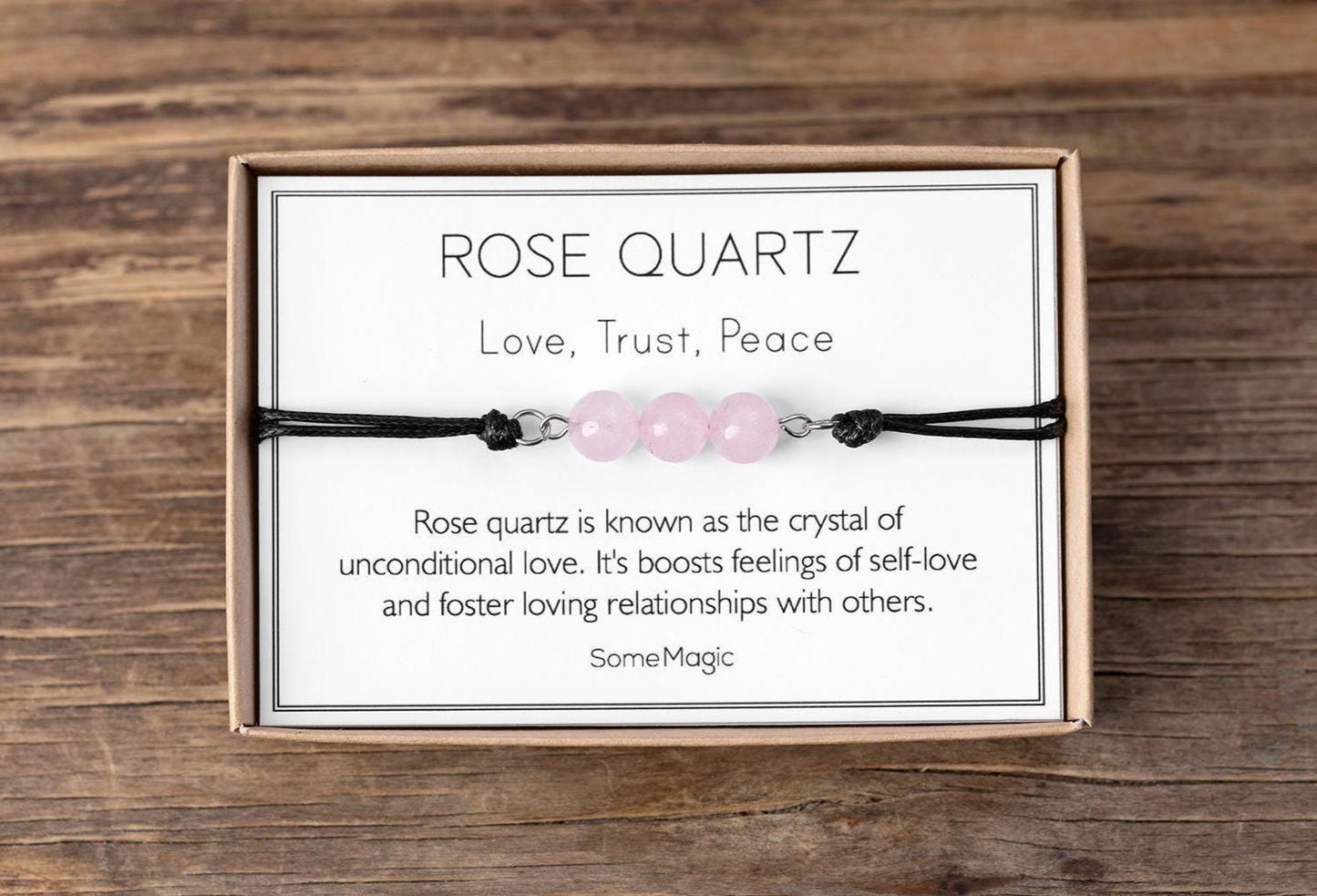 Rose Quartz Bracelet - Adjustable Cord with Natural Crystals for Love, Trust, Peace, Self-Love, Emotional Healing, and Heart Connection, MGM