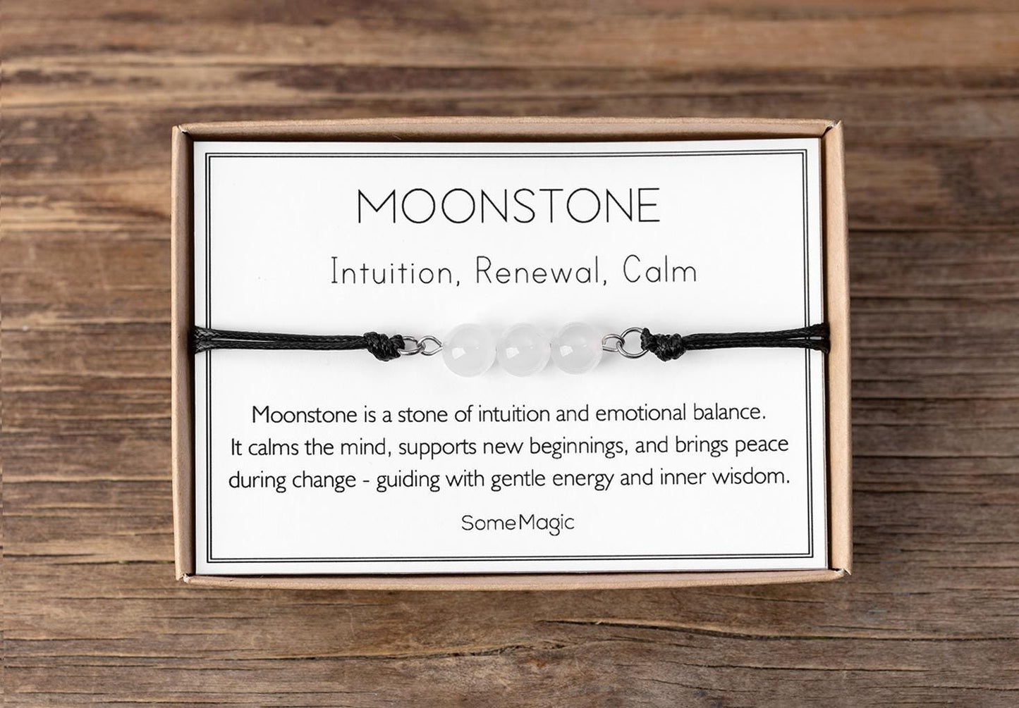 Moonstone Cord Bracelet - Adjustable White Crystal Jewelry for Intuition, Feminine Energy & New Beginnings - Gift for Her or Him, MGM