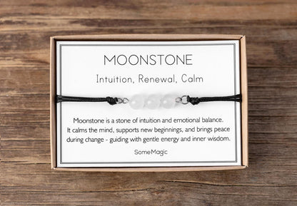 Moonstone Cord Bracelet - Adjustable White Crystal Jewelry for Intuition, Feminine Energy & New Beginnings - Gift for Her or Him, MGM