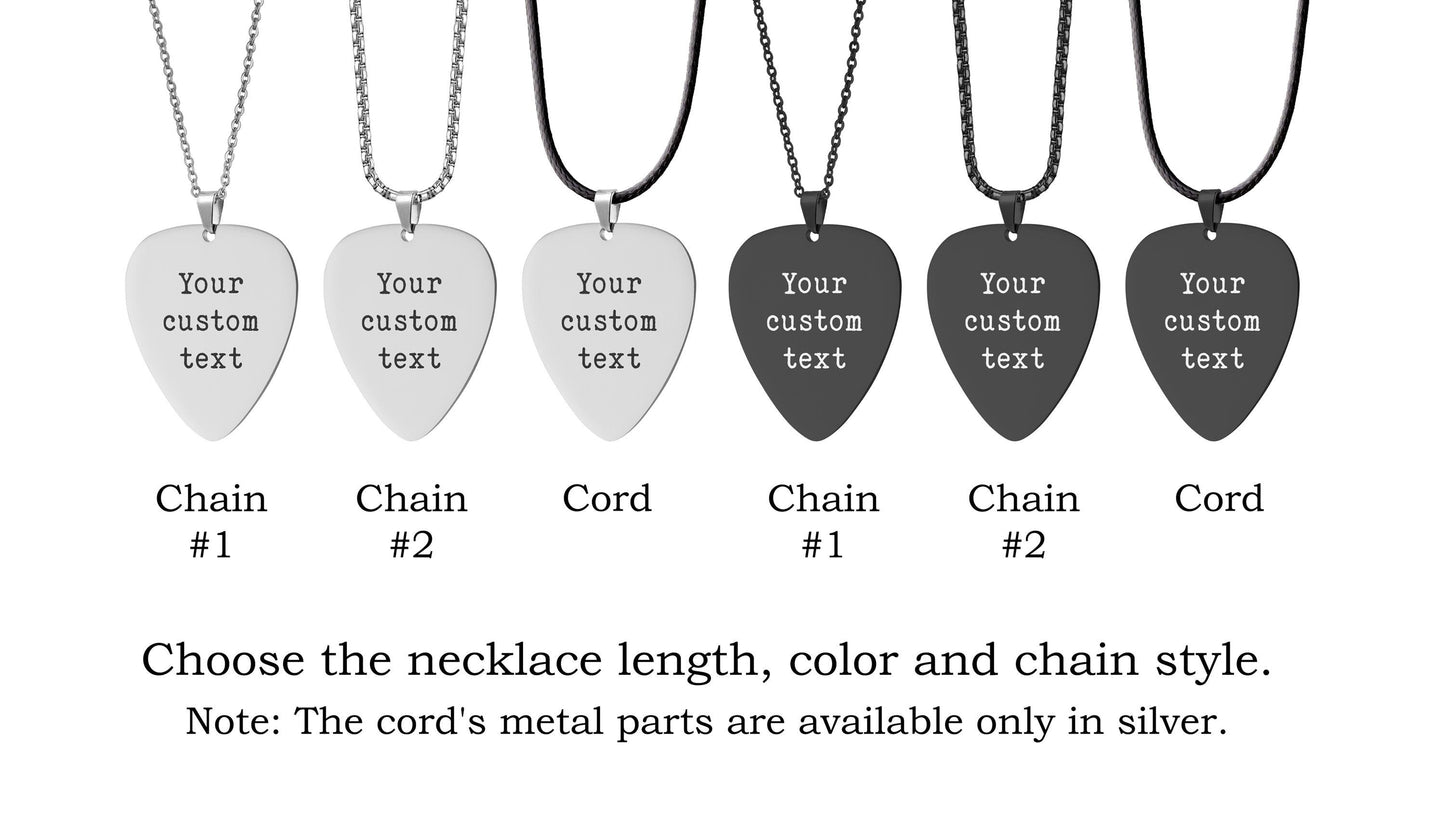 Any Logo, Band Name or Custom Song Lyrics on Guitar Pick Necklace - Personalized Gift for Boyfriend, Girlfriend or Music Lover, KP.2/C.2