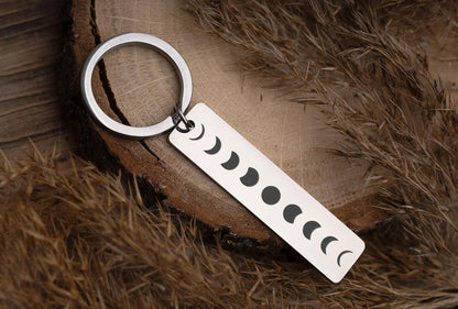 Custom Celestial Keychain with Phases of the Moon, Full Moon Cycle Keyring, Anniversary or Birthday Gift for Girlfriend or Boyfriend, C.2