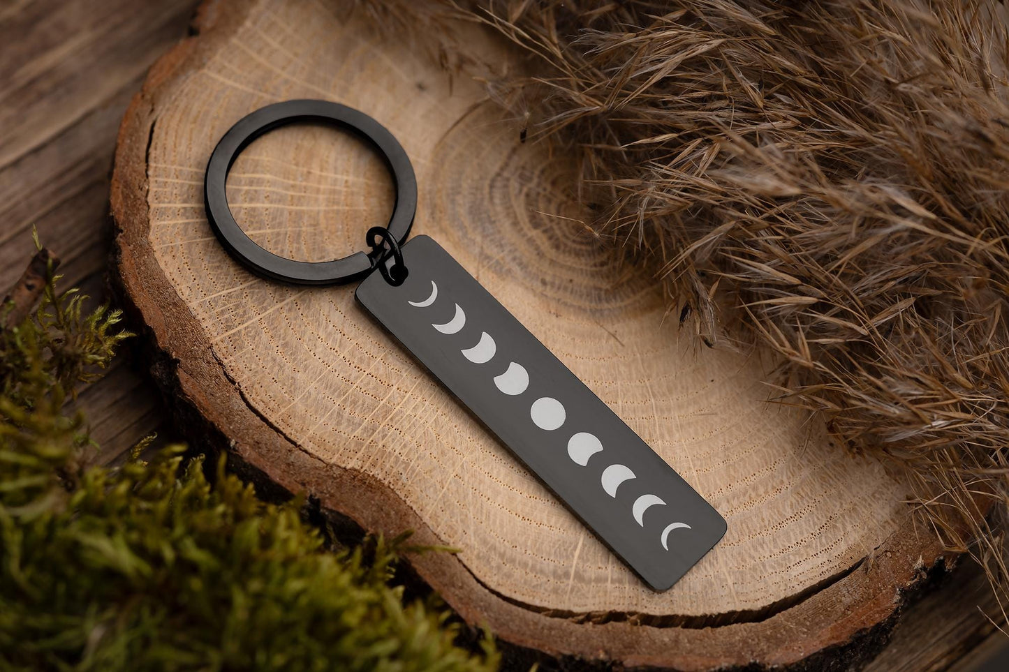 Custom Celestial Keychain with Phases of the Moon, Full Moon Cycle Keyring, Anniversary or Birthday Gift for Girlfriend or Boyfriend, C.2