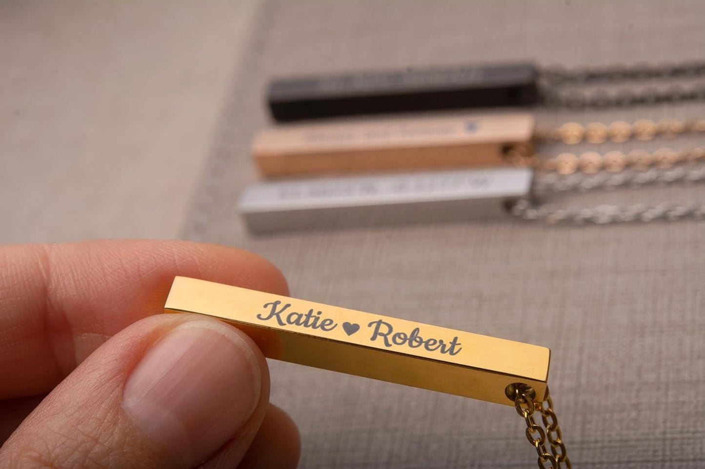 All Phases of the Moon Cycle Necklace with Custom Engraving on Vertical Bar 3D Charm for Celestial Jewelry Layering, Silver Gold Black, KP.2