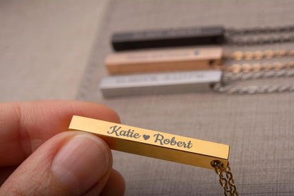 All Phases of the Moon Cycle Necklace with Custom Engraving on Vertical Bar 3D Charm for Celestial Jewelry Layering, Silver Gold Black, KP.2