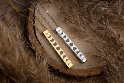 Phases of the Moon Cycle Necklace with 3D Charm for Jewelry Layering, Vertical Bar Celestial Pendant, Silver Rose Gold Black Jewellery, KP.2