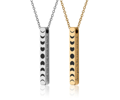All Phases of the Moon Cycle Necklace with Custom Engraving on Vertical Bar 3D Charm for Celestial Jewelry Layering, Silver Gold Black, KP.2