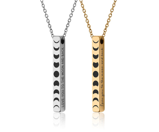All Phases of the Moon Cycle Necklace with Custom Engraving on Vertical Bar 3D Charm for Celestial Jewelry Layering, Silver Gold Black, KP.2