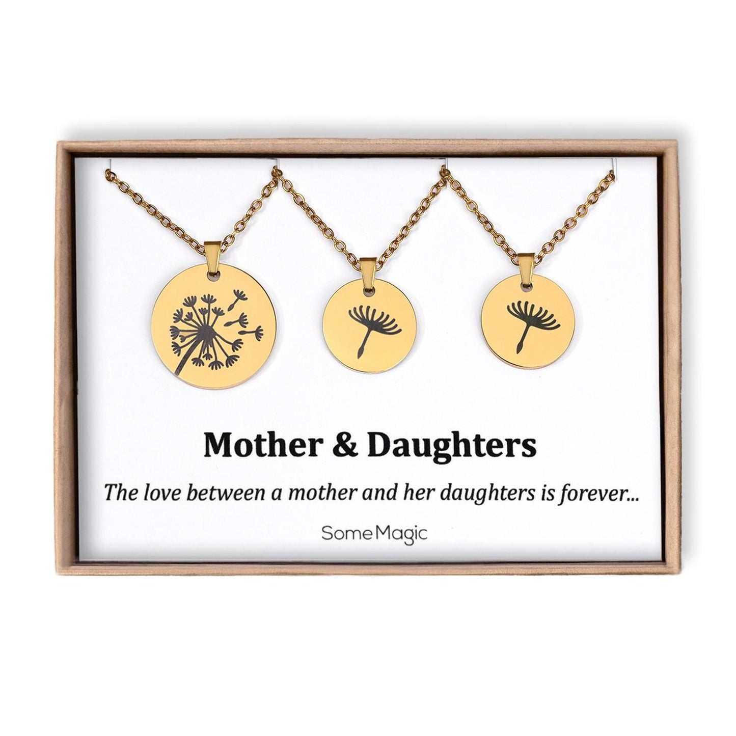 Set of Three Dandelion Necklaces for Mother and Two Daughters with Gift Card: The Love Between Mother and her Daughters is Forever, C.102