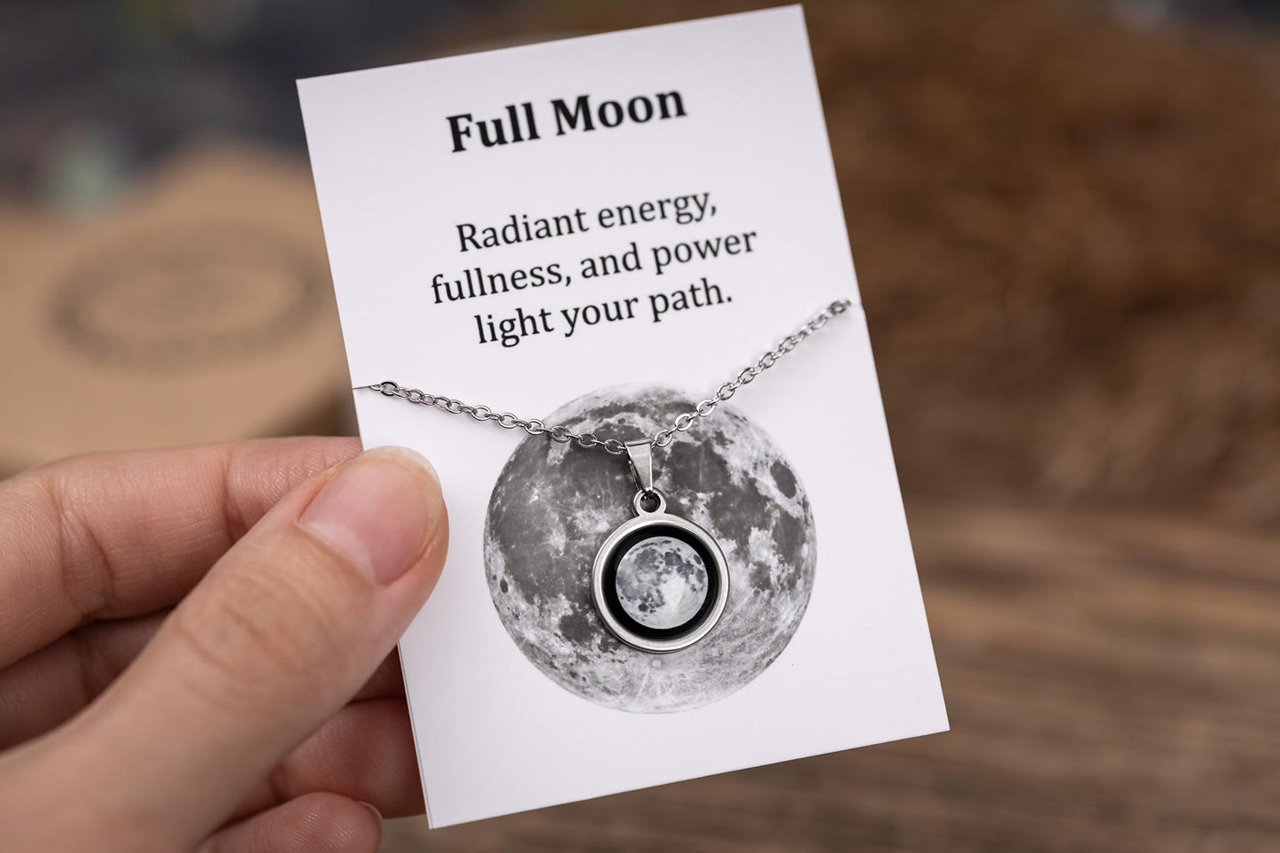 Waning Gibbous or Any Moon Phase Necklace with Gift Box & Card Ready to Give Personalized Lunar Pendant with Engraving and Adjustable Chain