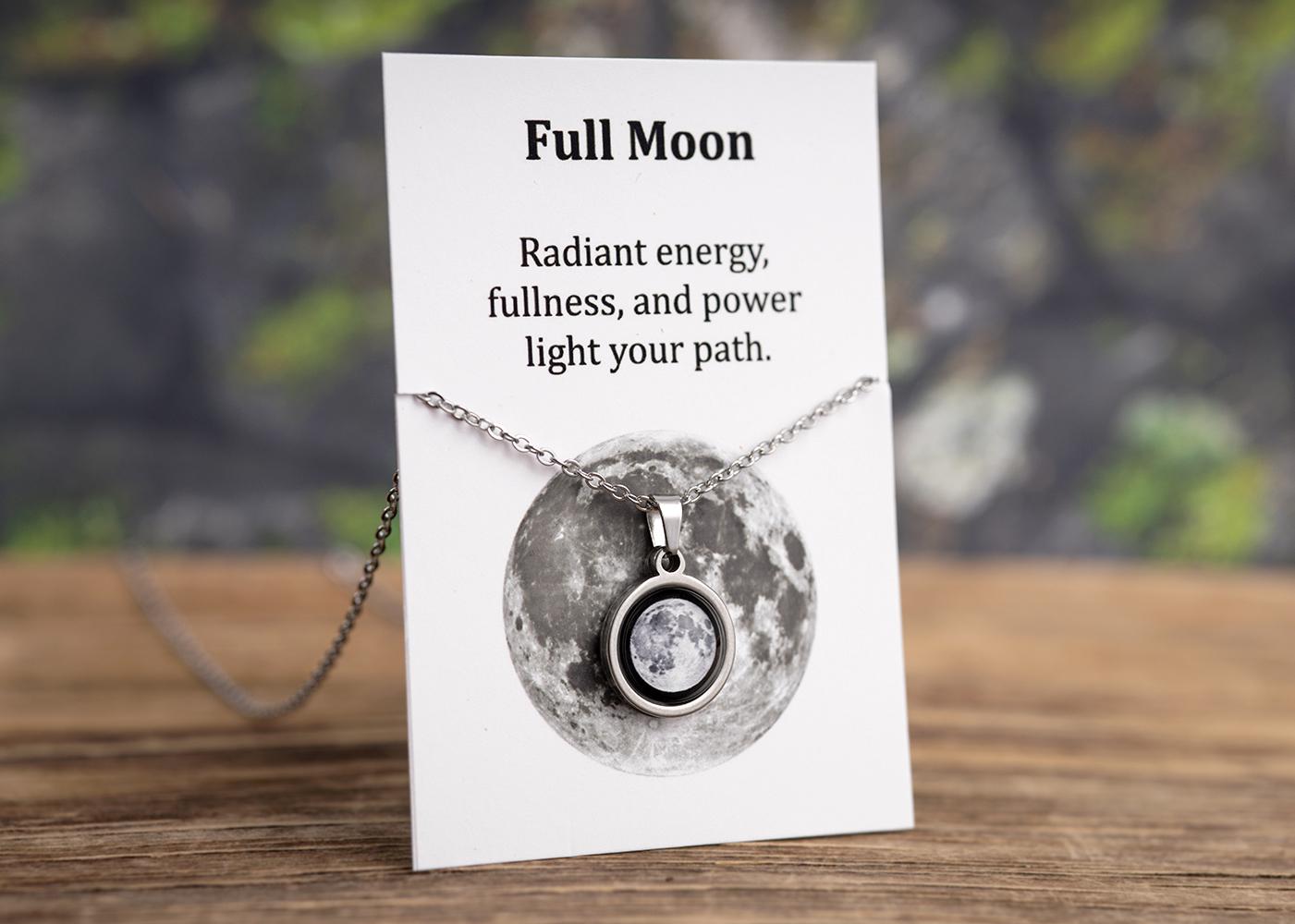 Waning Gibbous or Any Moon Phase Necklace with Gift Box & Card Ready to Give Personalized Lunar Pendant with Engraving and Adjustable Chain