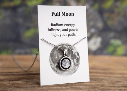 Waxing Crescent or Any Moon Phase Necklace with Gift Box & Card Ready to Give Personalized Lunar Pendant with Engraving and Adjustable Chain