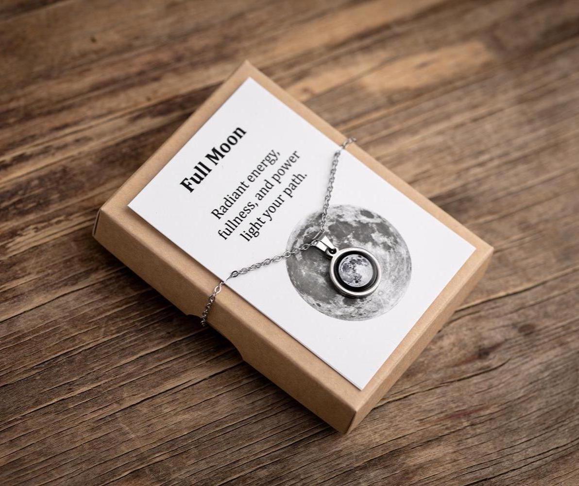 Waning Gibbous or Any Moon Phase Necklace with Gift Box & Card Ready to Give Personalized Lunar Pendant with Engraving and Adjustable Chain