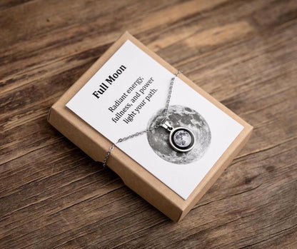 Waning Gibbous or Any Moon Phase Necklace with Gift Box & Card Ready to Give Personalized Lunar Pendant with Engraving and Adjustable Chain